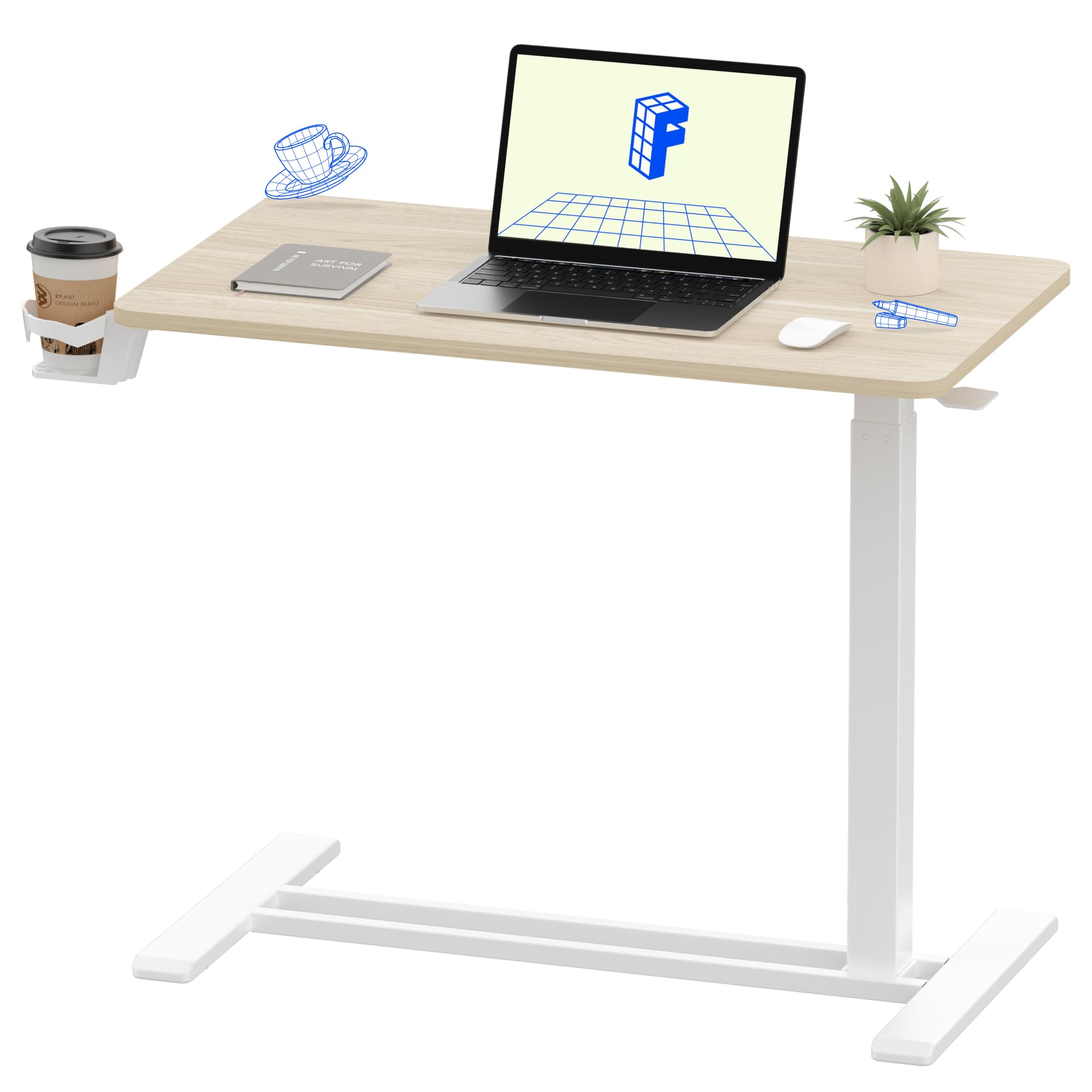 FLEXISPOT H7 Adjustable Overbed Bedside Table with Wheels Pneumatic Mobile Standing Laptop Desk Rolling Computer Cart Movable Overbed Table Hospital Home Use (31.5" W x 17.7" D, White Maple Large)