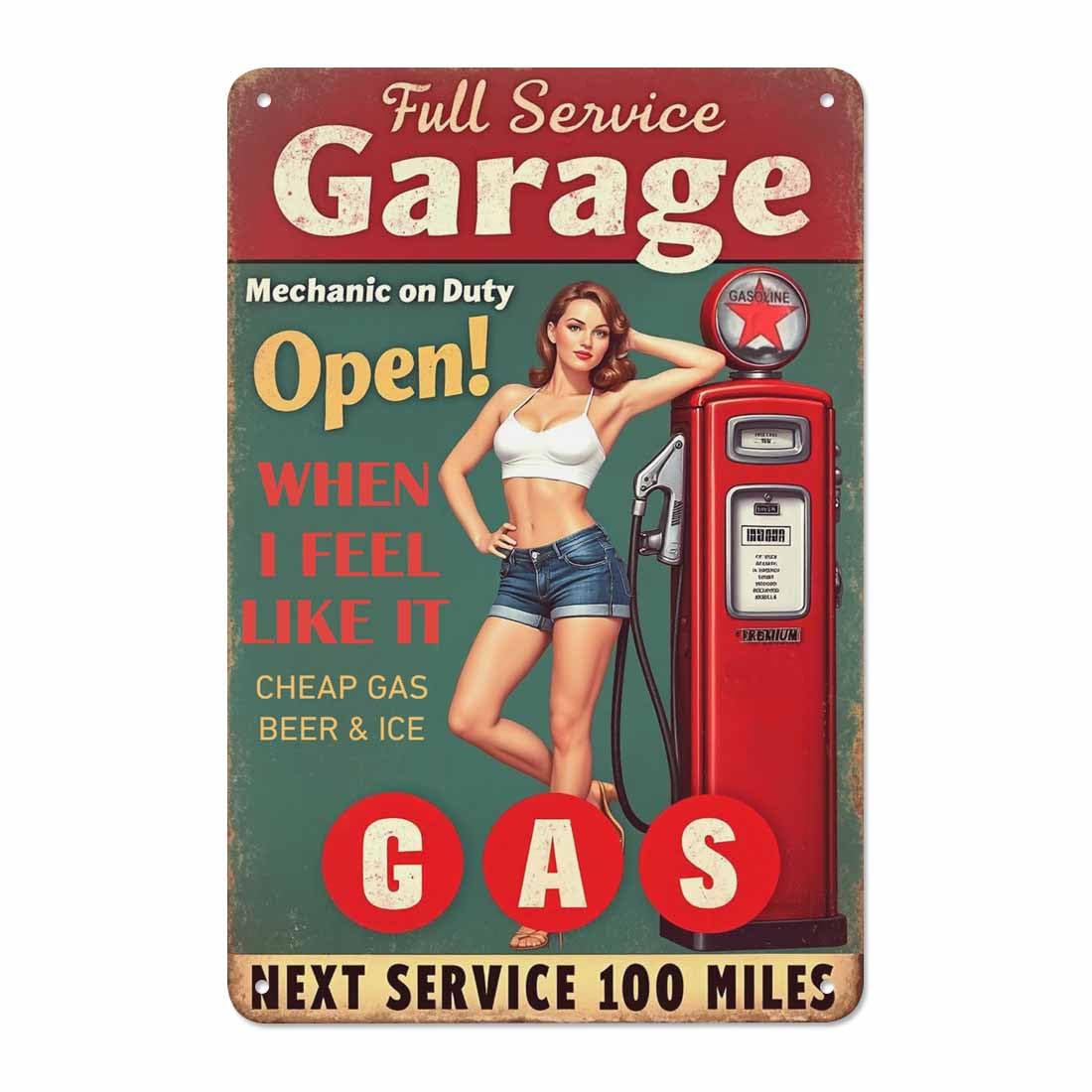 AOYEGO Pin Up Tin Sign,Route 66 Garage Service Repairs Women Sit On The Green Car Vintage Metal Tin Signs for Cafes Bars Pubs Shop Wall Decorative Funny Retro Signs for Men Women 8x12 Inch