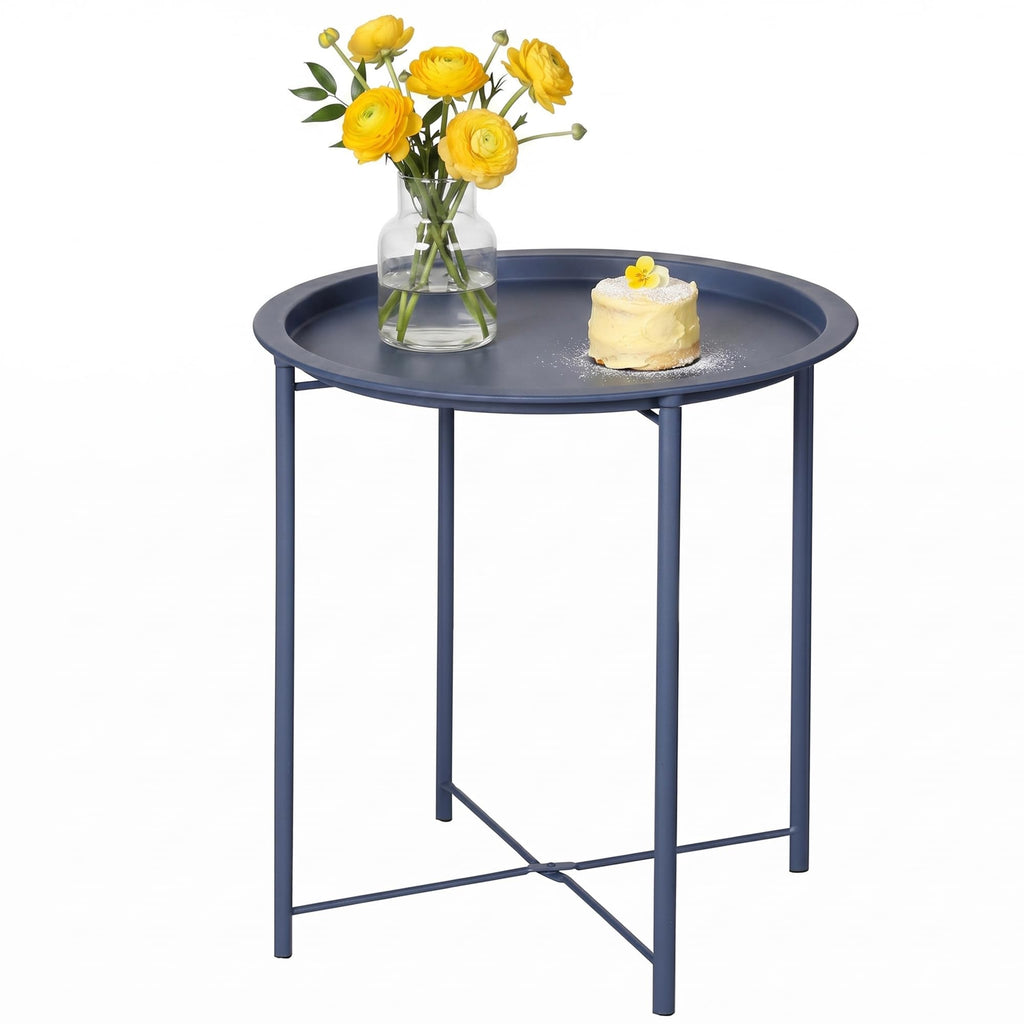 VECELO Side/End Table, Folding Round Metal Anti-Rust and Waterproof Outdoor or Indoor Tray for Living Room Bedroom Balcony and Office, 2 PCS, Dark Green