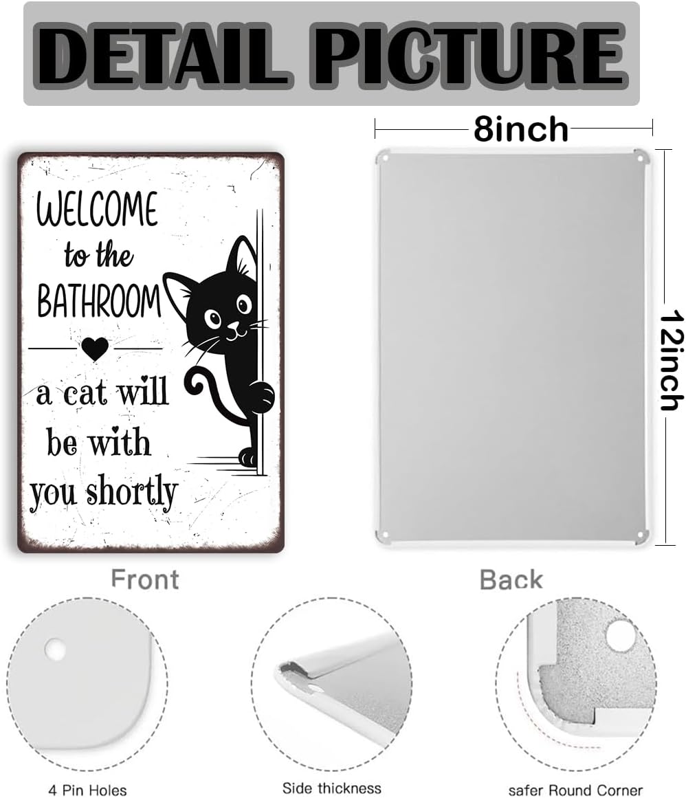 Funny Bathroom Decor – Welcome to the Bathroom A Cat Will Be With You Shortly – Black Cat Metal Tin Sign for Restroom, Toilet, or Powder Room Wall Decor, Vintage Style 8x12 Inch