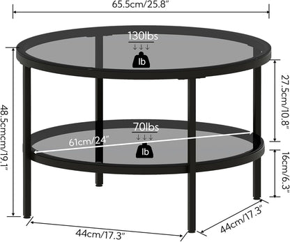 Yusong Round Glass Coffee Tables for Living Room, 2-Tier Circle Coffee Table with Storage, 26" Modern Center Accent Table with Light Black Glass, Small End Table for Small Space, Bedroom