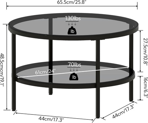 Yusong Round Glass Coffee Tables for Living Room, 2-Tier Circle Coffee Table with Storage, 26" Modern Center Accent Table with Light Black Glass, Small End Table for Small Space, Bedroom