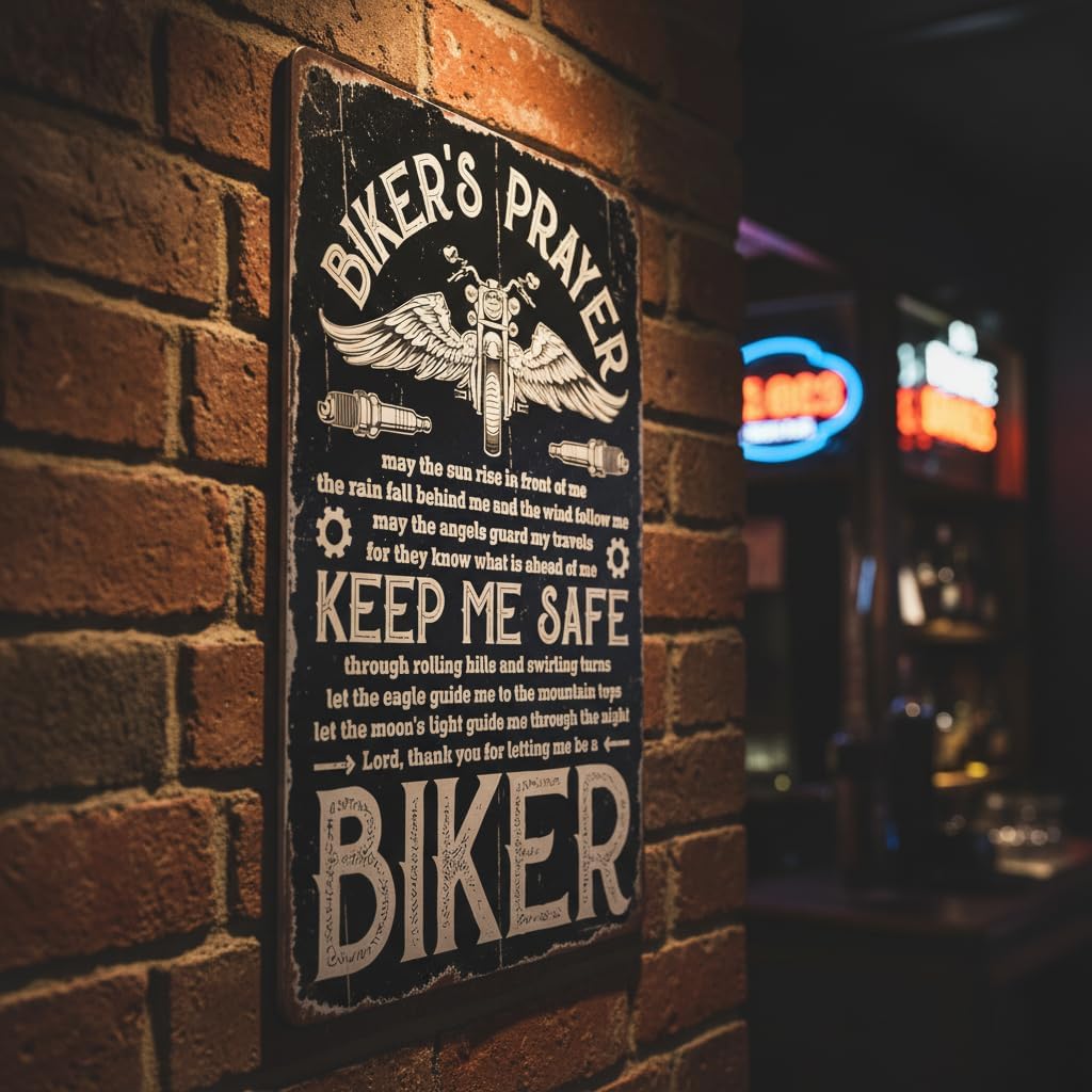 Vintage Biker's Prayer Metal Tin Sign, Rustic Wall Plaque, Black, 8x12 Inch, Home, Bar, and Garage Decor