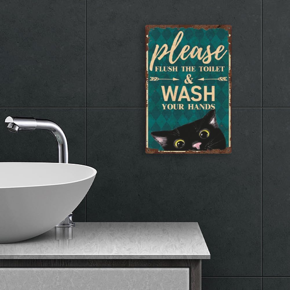 SUPERDANT Cat Toilet Metal Tin Sign Flush the Toilet Metal Signs Wash Your Hand Bathroom Plaque Iron Wall Art Poster Old Fashion Aluminum Sign for Home Bathroom Toilet Decor