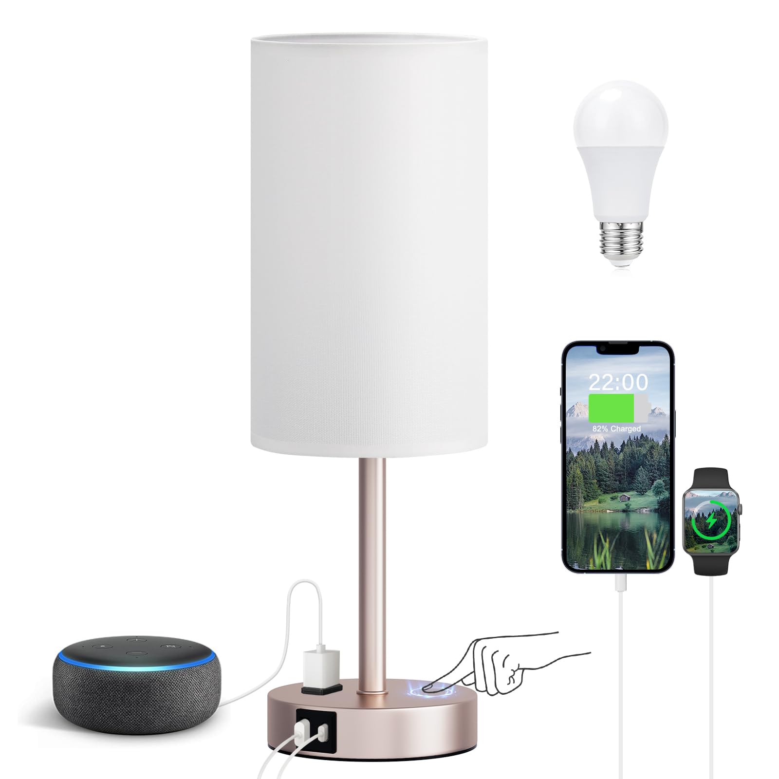Fenmzee Bedside Table Lamp for Bedroom - 3 Way Dimmable Touch Lamp USB C Charging Ports and AC Outlet, Small Lamp Wood Base Round Flaxen Fabric Shade for Living Room, Desk, LED Bulb Included