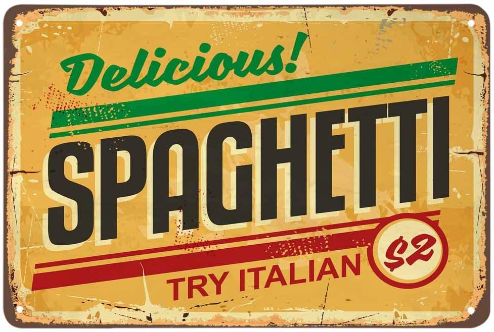 Spaghetti Tin Sign,Try Italian Delicious Food Restaurant Vintage Metal Tin Signs for Cafes Bars Pubs Shop Wall Decorative Funny Retro Signs for Men Women 8x12 Inch