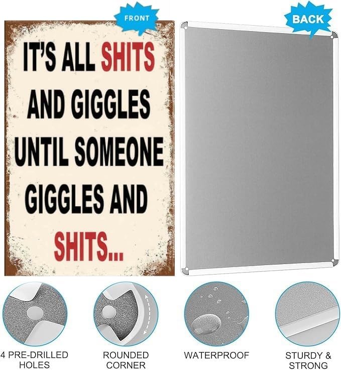 Vintage Metal Tin Sign Funny Sarcastic Party Wall Art Decor Signs 8x12 Inch Funny Tin Sign - Humorous "It's All Fun And Giggles" Quote - Vintage Style Sign for Home Bar, Man Cave, Garage, and Bathroom Décor Gifts