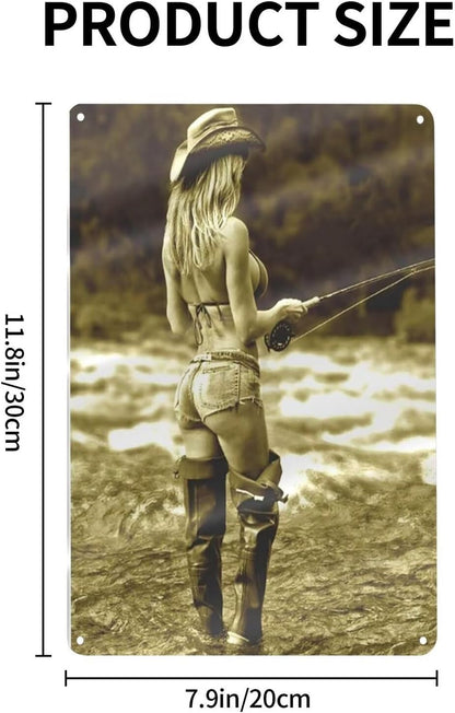 GCOCL Tin Sign Open Fly Season Pin-up Girl Fishing Hot Rod Reel Fish Metal Tin Sign Decor Iron Painting 8x12 Inch