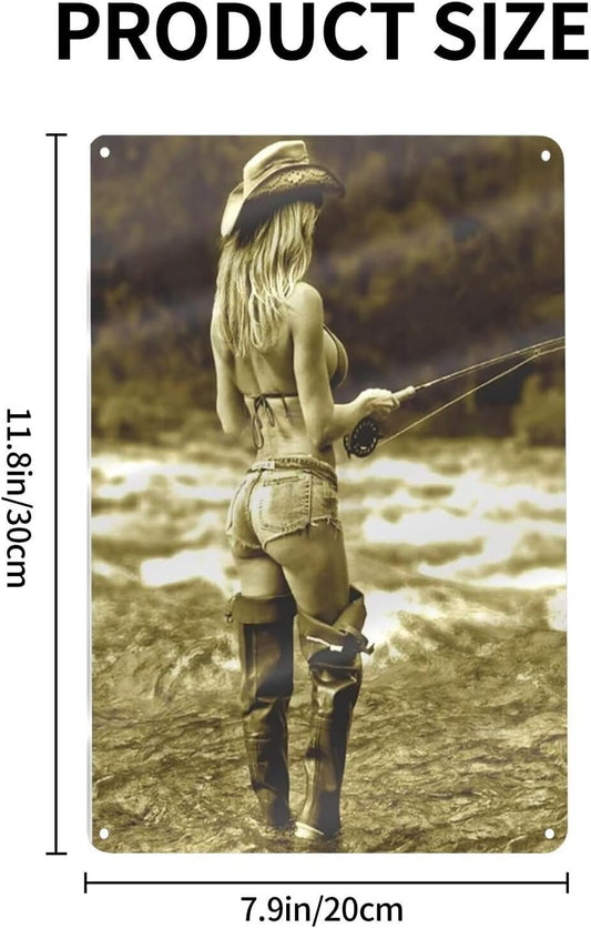 GCOCL Tin Sign Open Fly Season Pin-up Girl Fishing Hot Rod Reel Fish Metal Tin Sign Decor Iron Painting 8x12 Inch
