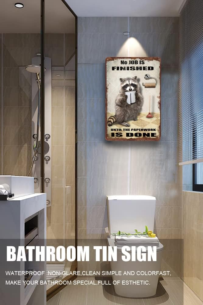 Vintage Tin Sign - Raccoon Bathroom Wall Decor - Rustic Metal Sign - 12x8 Inch - Funny Animal Sign for Home, Bathroom, Pub, Gift
