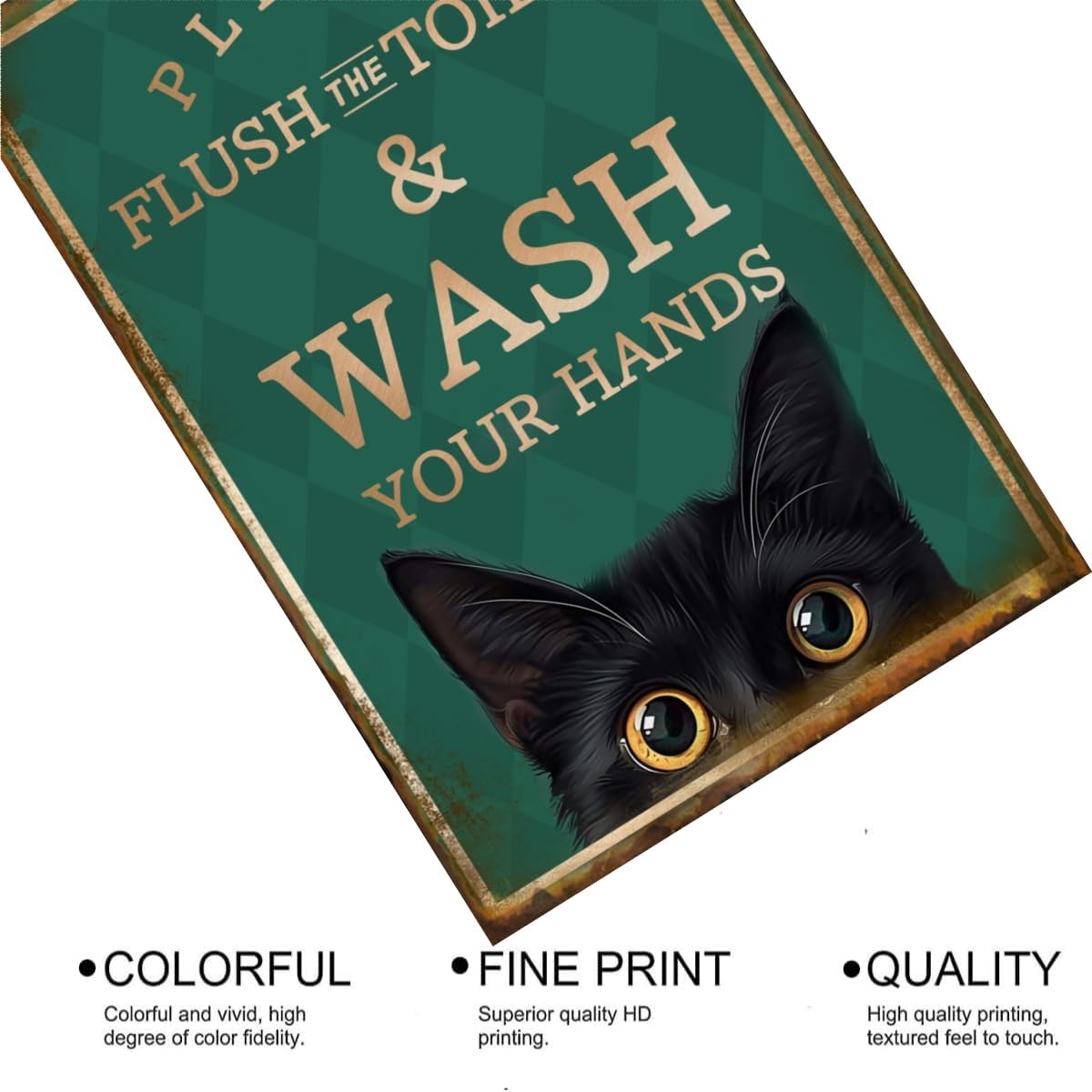 EMOHAT Metal Aluminum Plaque Sign Decoration Funny Black Cat Please Flush Toilet Wash Your Hands Cute Sign Home Bathroom Restroom Toilet Wall Art Decor Metal Poster Tin Sign 8x12 Inch