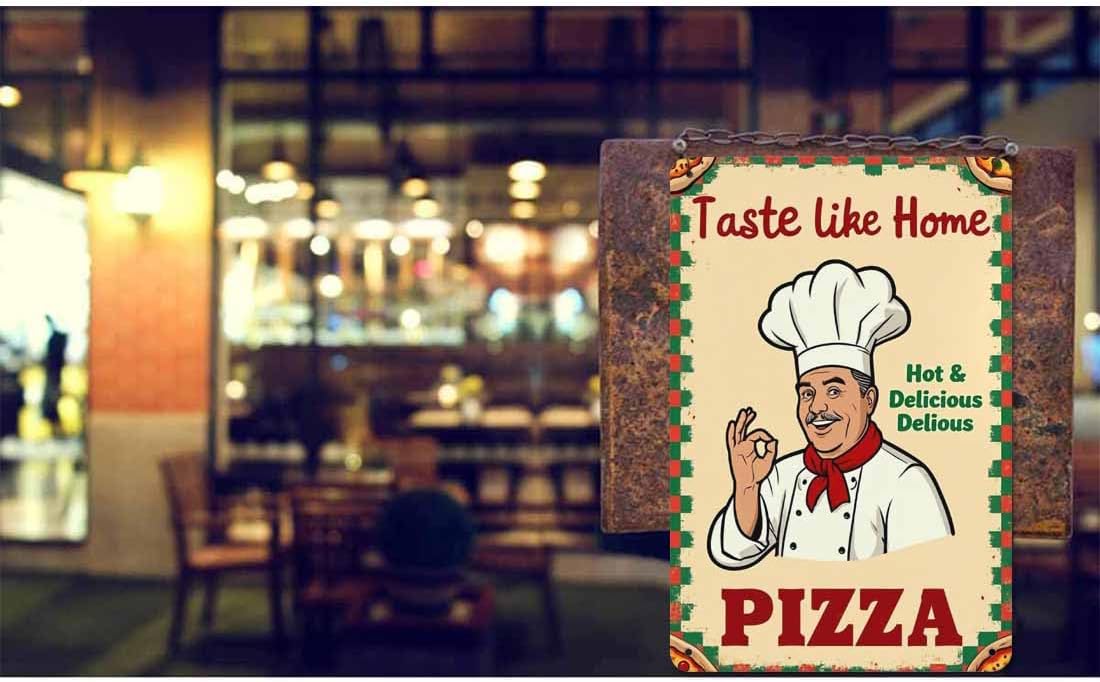 AOYEGO Pizza Poster Tin Sign,Italian Chef Kissing Fingers with Taste Like Home Pizza Vintage Metal Tin Signs for Cafes Bars Pubs Shop Wall Decorative Funny Retro Signs for Men Women 8x12 Inch