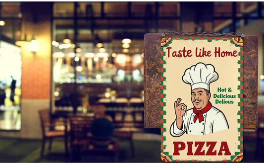 AOYEGO Pizza Poster Tin Sign,Italian Chef Kissing Fingers with Taste Like Home Pizza Vintage Metal Tin Signs for Cafes Bars Pubs Shop Wall Decorative Funny Retro Signs for Men Women 8x12 Inch