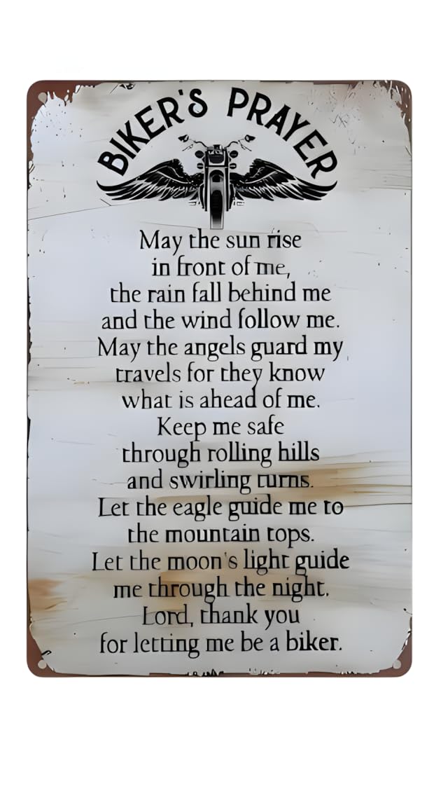 Vintage Biker's Prayer Metal Tin Sign, Rustic Wall Plaque, Black, 8x12 Inch, Home, Bar, and Garage Decor