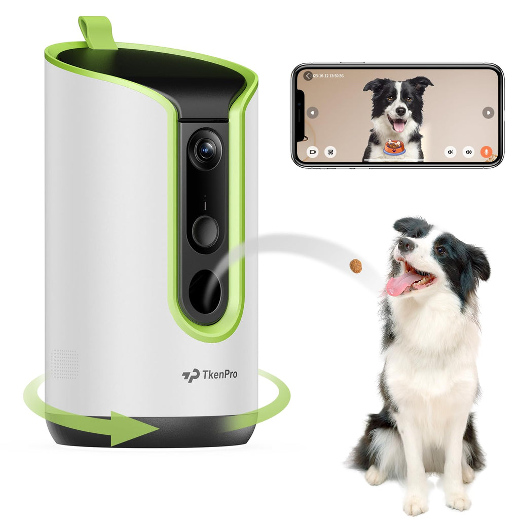 TKENPRO 2K Pet Camera Treat Dispenser, 360°View Dog Camera with Phone App, 5G&2.4G WiFi 2-Way Talk Pet Cam Indoor for Cats Remote Treat Tossing, Motion Alerts, Auto Tracking