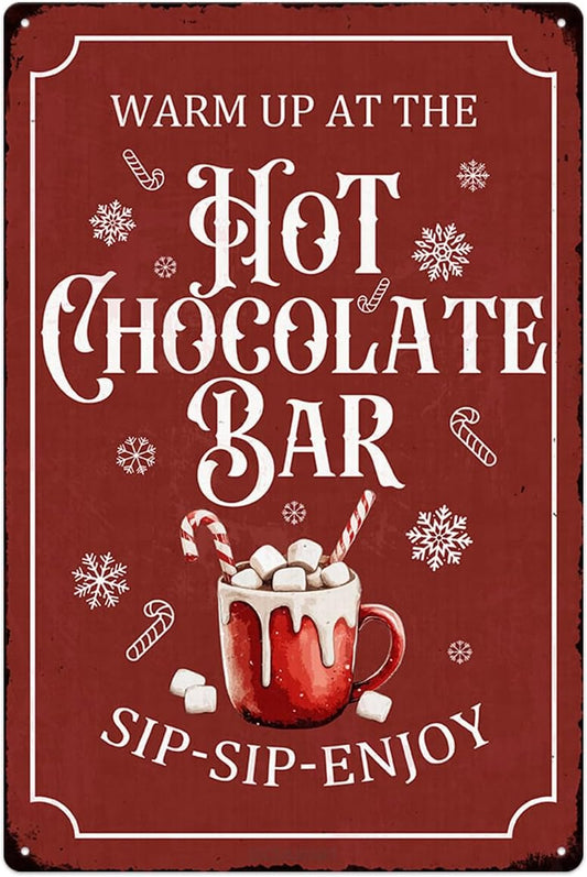 Christmas Metal Signs Red Hot Chocolate Bar Tin Sign Vintage Print Art Poster Ornaments for Home Kitchen Patio Yard Office Cafe Coffee Bar Front Door Porch Wall Decor Xmas Novelty Gift 8X12 Inch