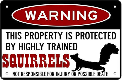 Squirrel Protected By Squirrels Warning Beware Of Squirrel Sign Funny Metal Tin Sign Aluminum Sign Poster Warning Signs For Pets Outside The Home 8x12 Inch, white black