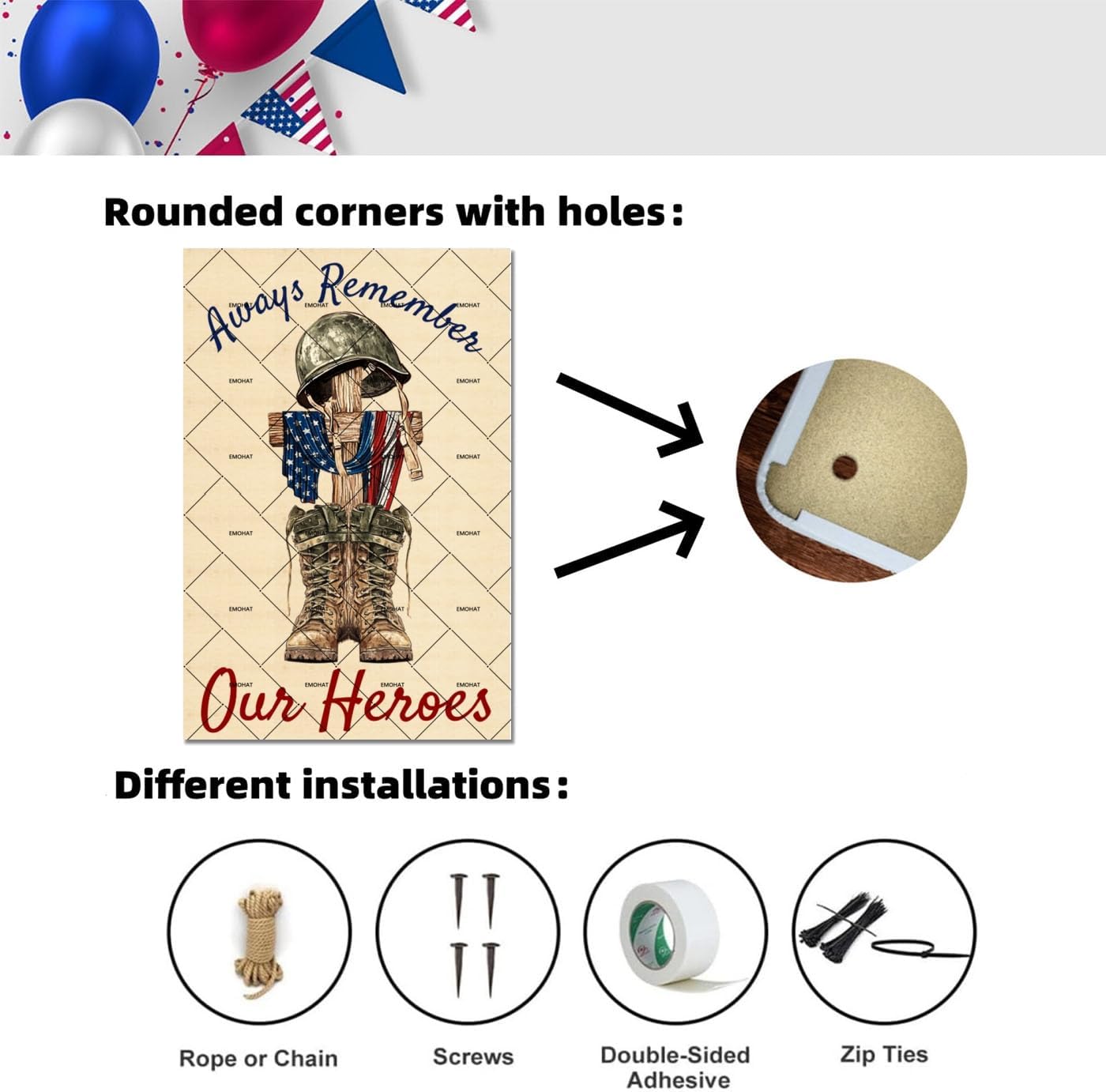Memorial Days Always Remember Our Heroes, EMOHAT Veteran Poster Decor Metal Tin Sign, Patriotic Home Yard Outdoor Holiday Wall Decor 12x8 Inch