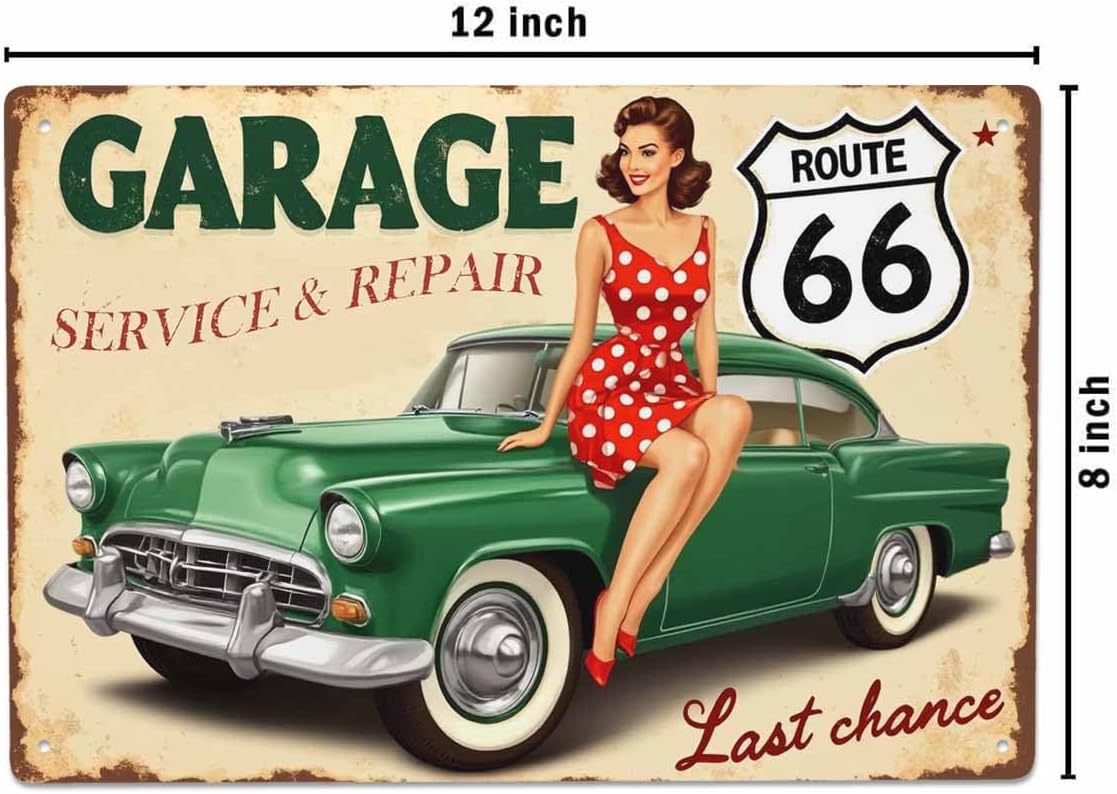 AOYEGO Pin Up Tin Sign,Route 66 Garage Service Repairs Women Sit On The Green Car Vintage Metal Tin Signs for Cafes Bars Pubs Shop Wall Decorative Funny Retro Signs for Men Women 8x12 Inch
