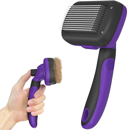 Dipoo Self Cleaning Cat & Dog Grooming Brush - Skin Friendly Deshedding Hair Brush for Haired Dogs & Puppies, Purple
