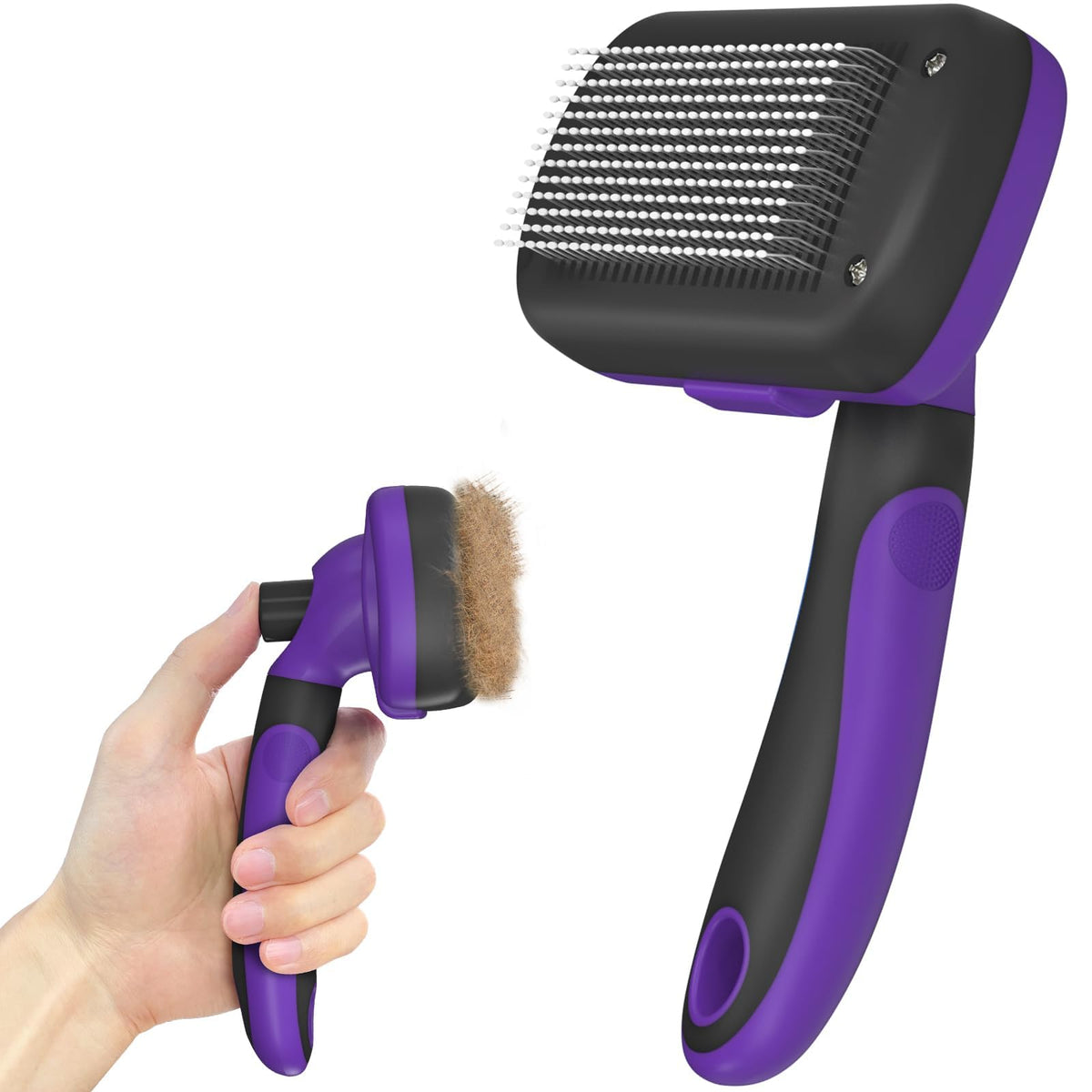 Dipoo Self Cleaning Cat & Dog Grooming Brush - Skin Friendly Deshedding Hair Brush for Haired Dogs & Puppies, Purple