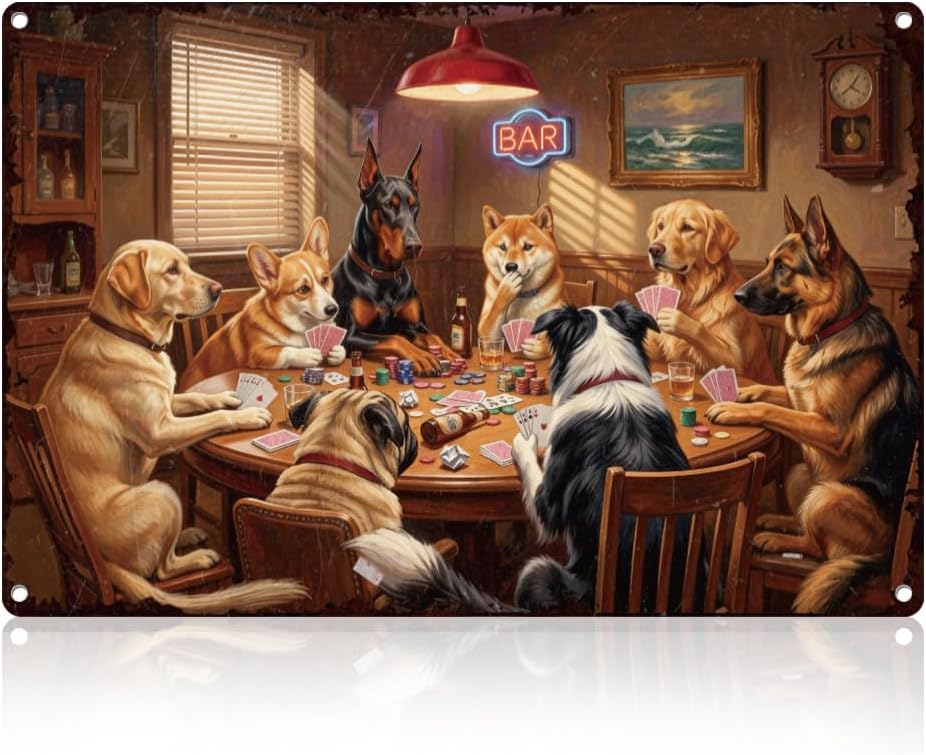 Dogs Playing Poker Tin Sign Retro Metal Wall Decor 8" x 12" Vintage Funny Dogs Playing Cards Wall Art Poster for Home Room Cafes Bar Pub Outdoor Bathroom Kitchen Garage Man Cave Decor Gift