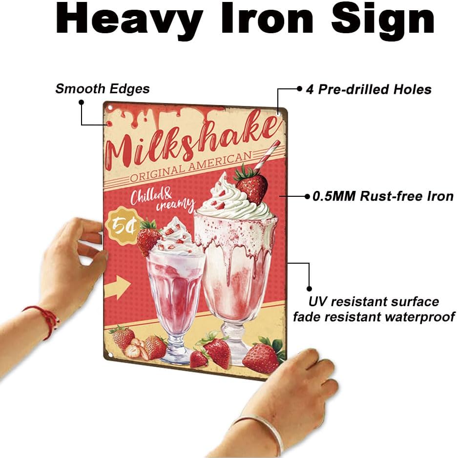 Strawberry Milkshake Retro Wall Decor Metal Tin Sign 8" x 12" Dessert Ice Cream Vintage Wall Art Poster for Kitchen Home Dessert Shop Clubs Decor Gift