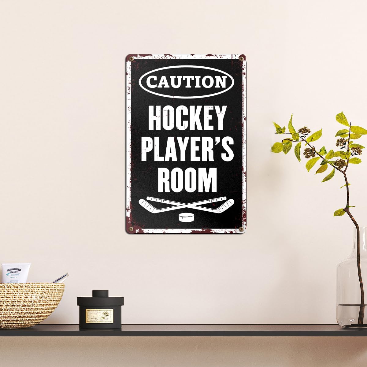 Hockey Gifts for Boys 8-12 Hocky Metal Sign Room Decor Vintage "Caution Hockey Player's Room" Tin Sign for Boys Room and Bedroom Man Cave Wall Art Sports Decor 8x12 Inch