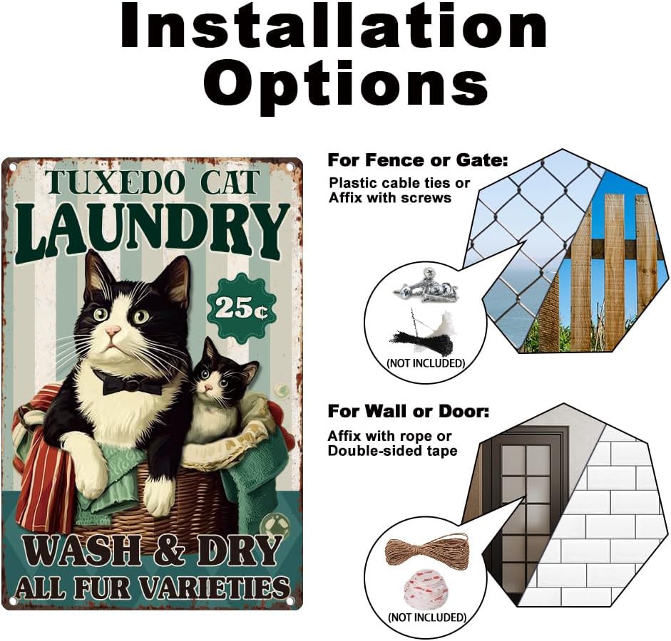 Tuxedo Cat Laundry Tin Sign Retro Metal Wall Decor 8" x 12" Vintage Wash Dry All Fur Varieties Wall Art Poster for Home Bathroom Laundromat Dry Cleaning Store Man Cave Clubs Decor Gift