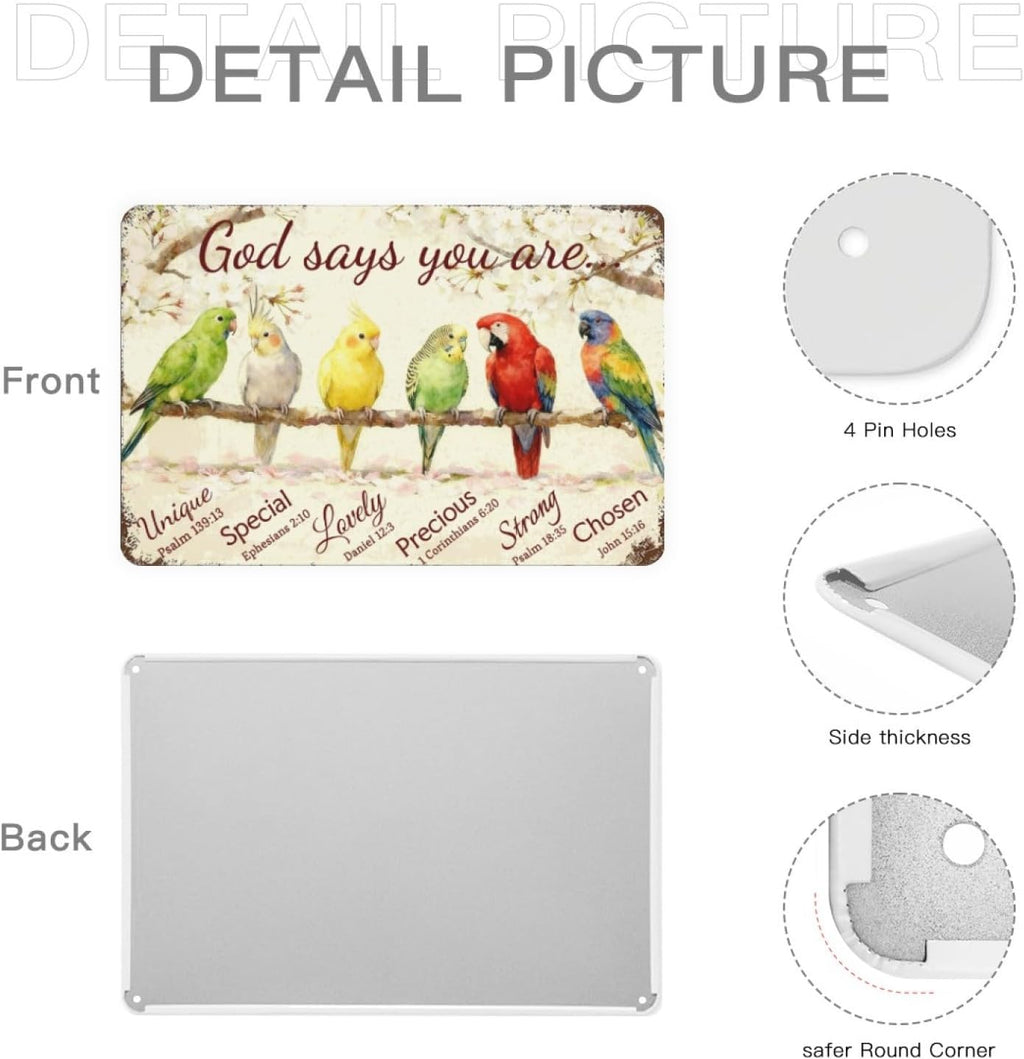 Inspirational Bible Verse Sign God Says You Are Metal Tin Signs Bird Print Christian Gift Quotes Poster for Church Prayer Room Office Decor 8x12 Inch