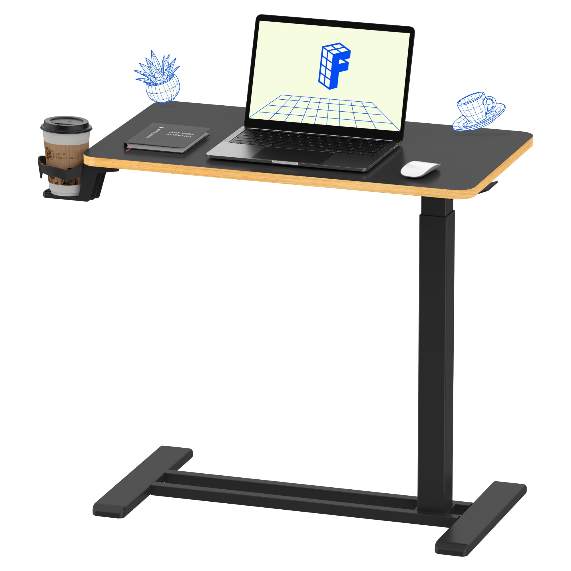 FLEXISPOT H7 Adjustable Overbed Bedside Table with Wheels Pneumatic Mobile Standing Laptop Desk Rolling Computer Cart Movable Overbed Table Hospital Home Use (31.5" W x 17.7" D, White Maple Large)