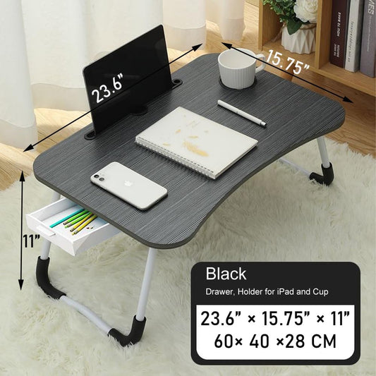 Home Office Lap Desk with Storage Drawer, Cup and Phone Holder, Laptop Bed Tray Table, 23.6" Foldable Desk, Laptop Stand for Breakfast, Working, Writing, Gaming and Drawing
