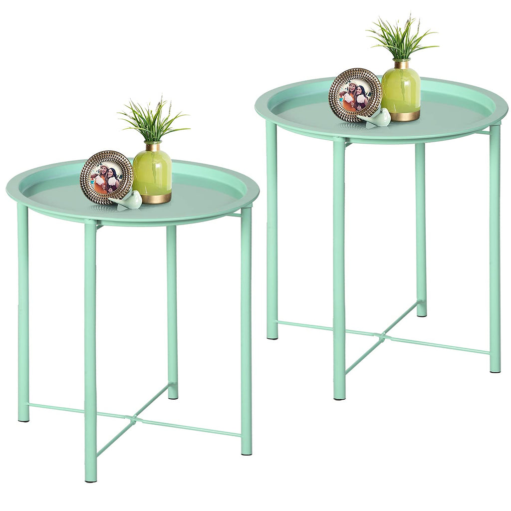 VECELO Side/End Table, Folding Round Metal Anti-Rust and Waterproof Outdoor or Indoor Tray for Living Room Bedroom Balcony and Office, 2 PCS, Dark Green