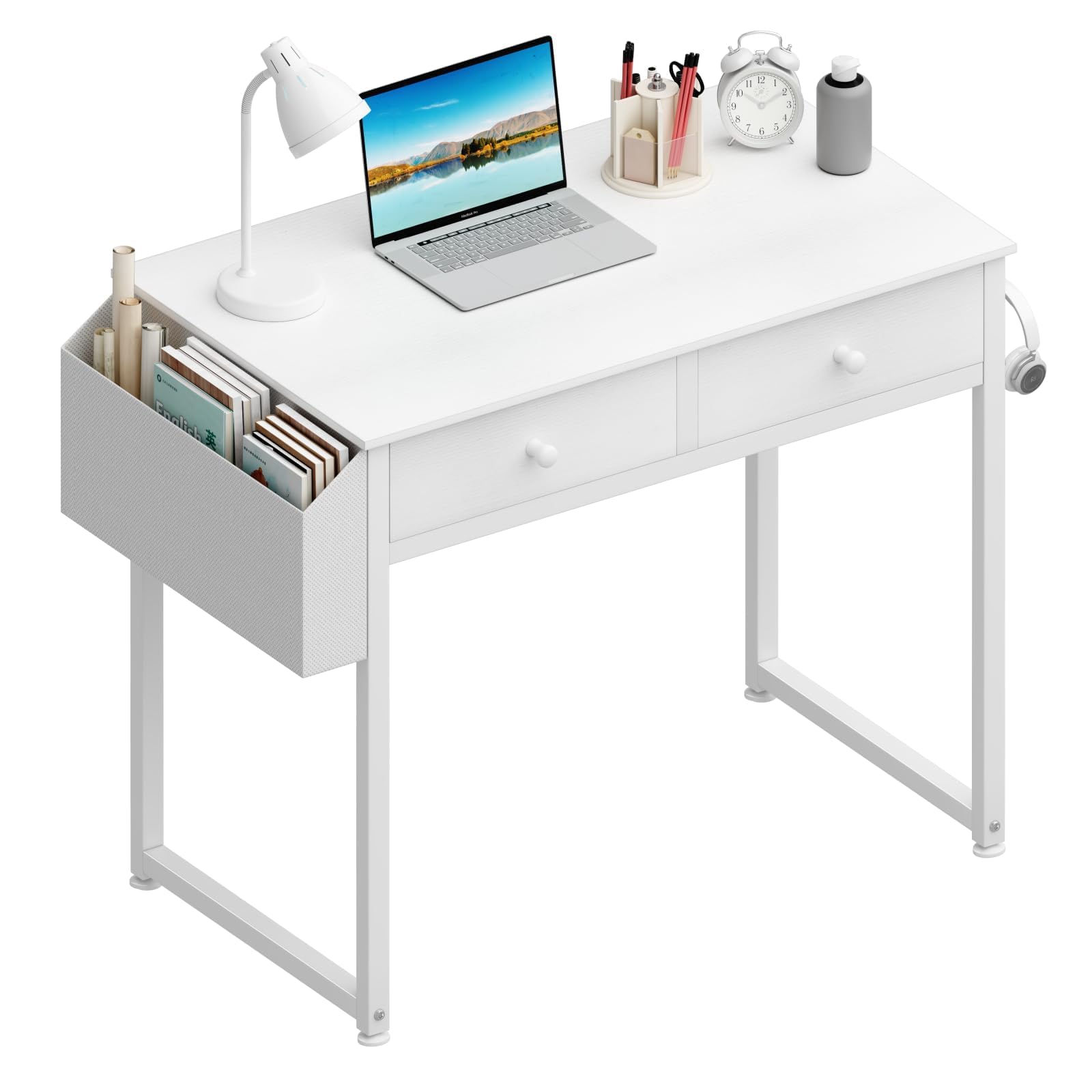 Lufeiya Small Computer Desk with 2 Drawers for Bedroom, 31 Inch Home Office Desk with Storage Fabric Drawer and Bag, Study Writing Table for Small Spaces, Rustic Brown