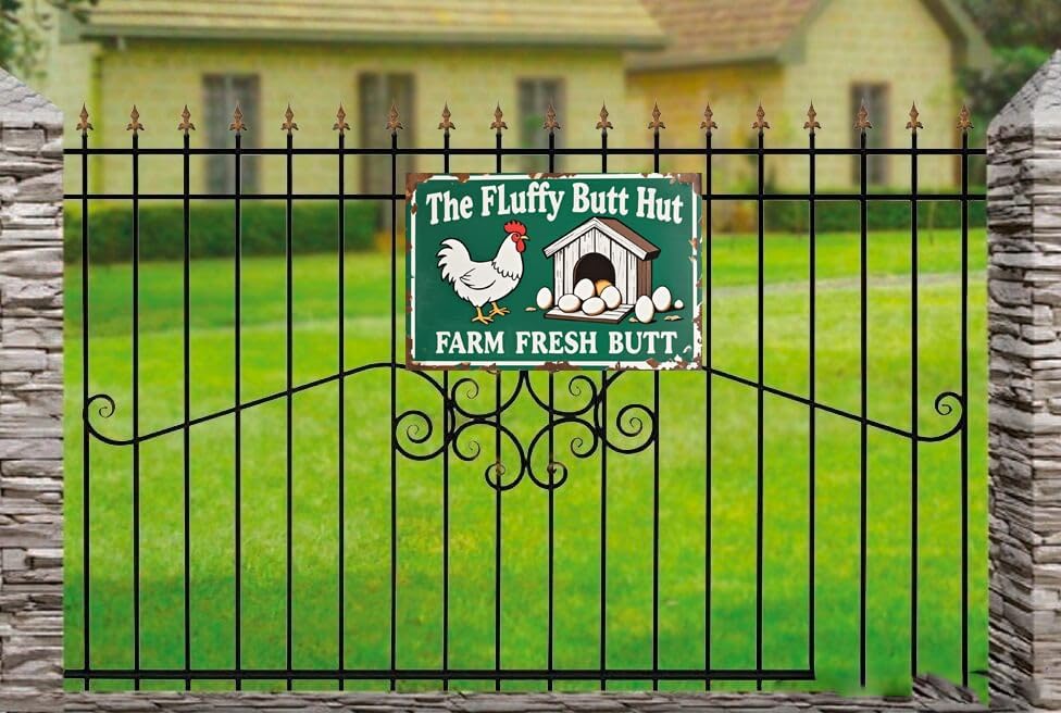 The Fluffy Butt Hut Farm Fresh Butt Nuggets Sign - Metal Sign (12x8 Inch) - Rustic Chicken Coop Decor for Farmhouse, Garden, Bar, or Garage - Funny Farm Door Plaque & Wall Art