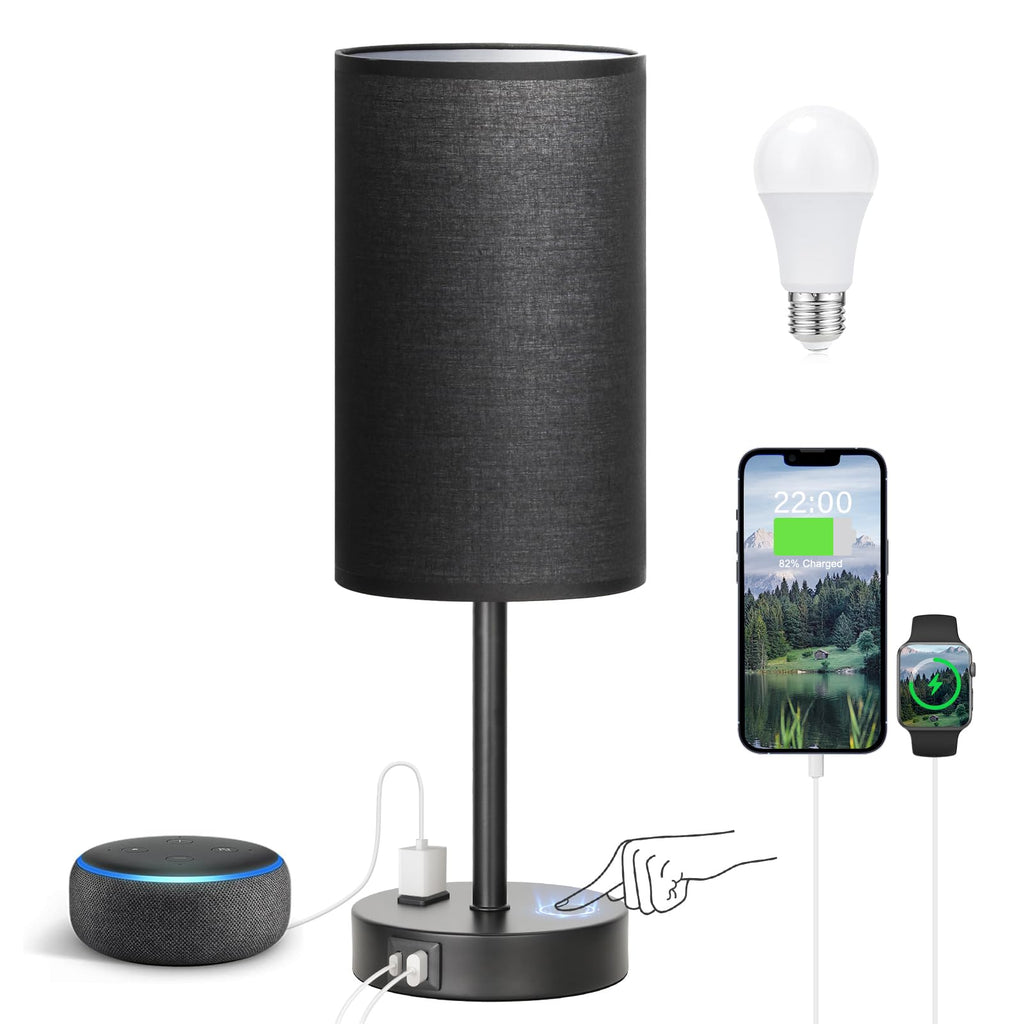 Fenmzee Bedside Table Lamp for Bedroom - 3 Way Dimmable Touch Lamp USB C Charging Ports and AC Outlet, Small Lamp Wood Base Round Flaxen Fabric Shade for Living Room, Desk, LED Bulb Included