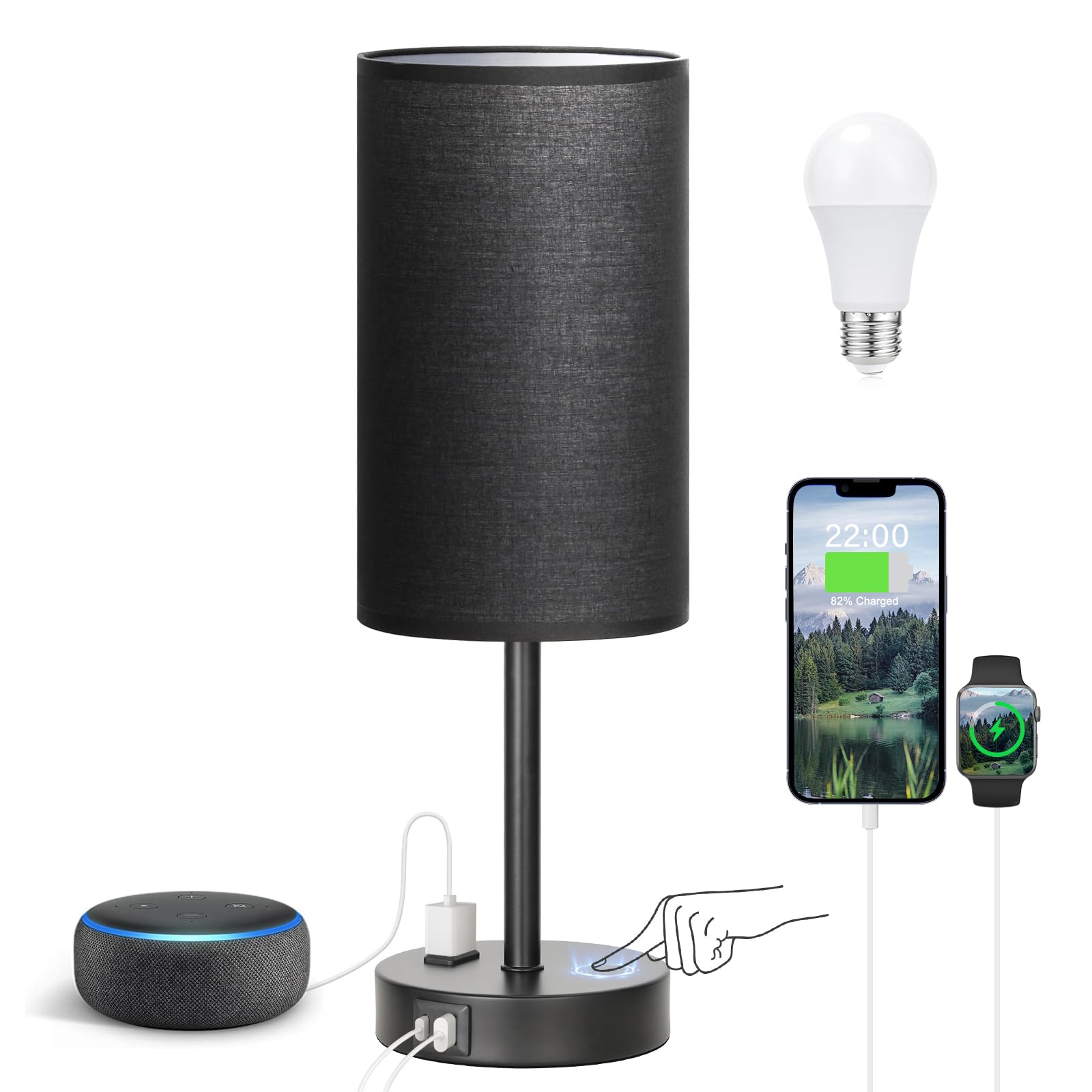 Fenmzee Bedside Table Lamp for Bedroom - 3 Way Dimmable Touch Lamp USB C Charging Ports and AC Outlet, Small Lamp Wood Base Round Flaxen Fabric Shade for Living Room, Desk, LED Bulb Included