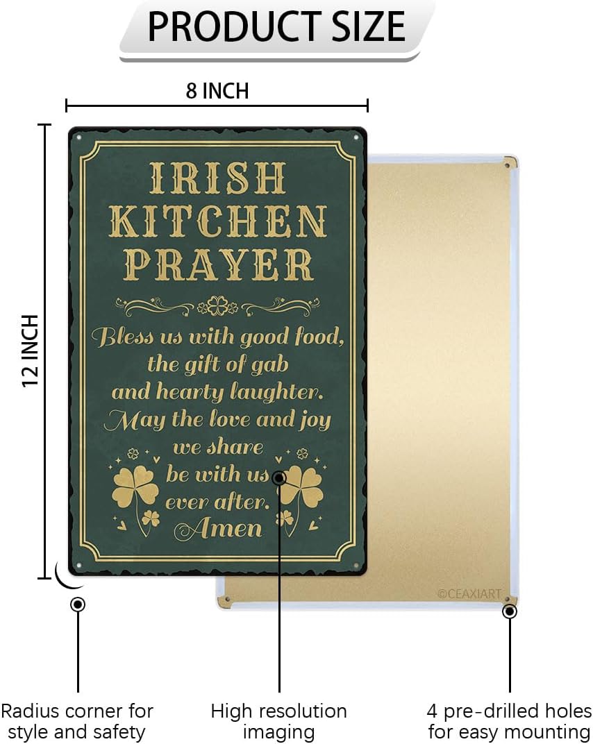 Irish Kitchen Prayer Tin Sign St Patricks Day Metal Signs Decor Green Shamrock Print Poster Wall Art Lucky House Vintage Decorations Hanging Plaque for Home Kitchen Garden Yard Farmhouse 12x8 Inch