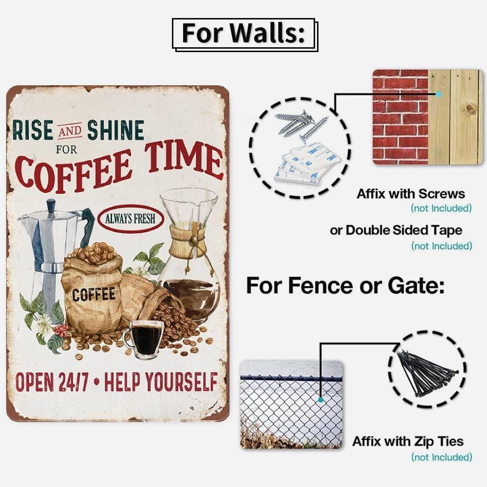 YOYI ART Rise and Shine Coffee Sign - Rustic Vintage Metal Tin Wall Decor for Kitchen, Bar, Station - Gift for Coffee Lovers, 8 x 12 Inch