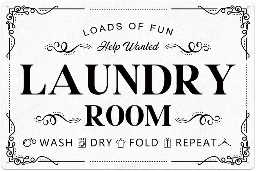 Laundry Room Tin Signs Loads of Fun Retro Laundry Metal Signs Wall Decor Laundry Rules Hanging Plaque Printed Accessories Decorations for Home (12 x 8 Inches, White)