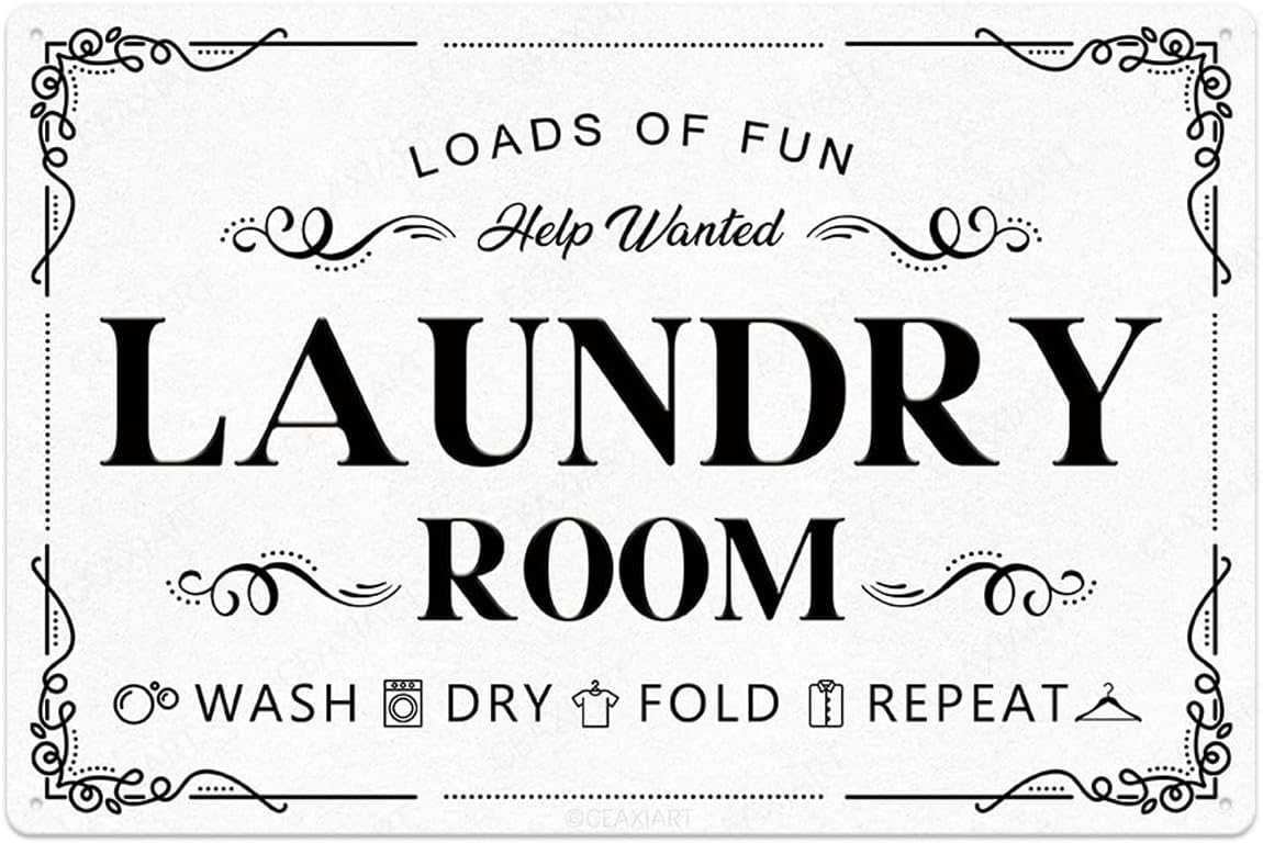 Laundry Room Tin Signs Loads of Fun Retro Laundry Metal Signs Wall Decor Laundry Rules Hanging Plaque Printed Accessories Decorations for Home (12 x 8 Inches, White)