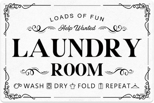 Laundry Room Tin Signs Loads of Fun Retro Laundry Metal Signs Wall Decor Laundry Rules Hanging Plaque Printed Accessories Decorations for Home (12 x 8 Inches, White)