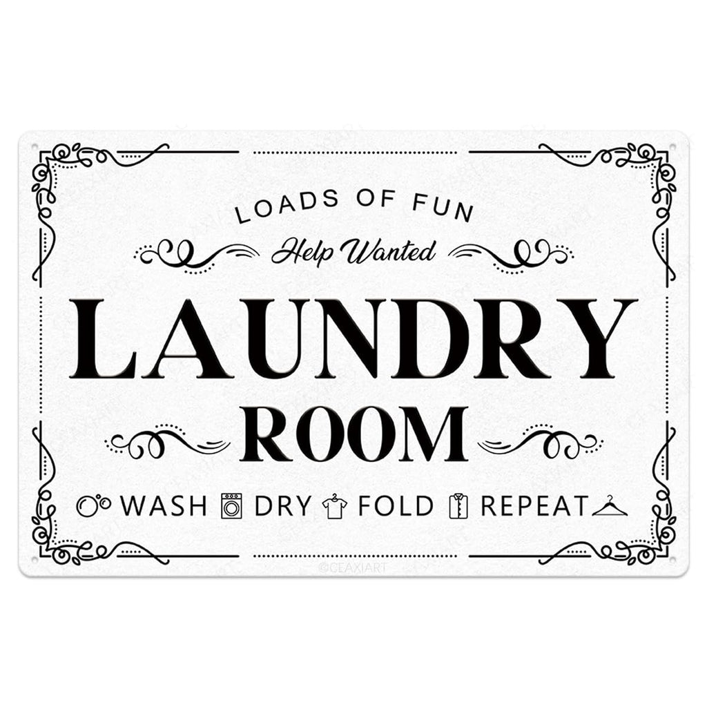 Laundry Room Tin Signs Loads of Fun Retro Laundry Metal Signs Wall Decor Laundry Rules Hanging Plaque Printed Accessories Decorations for Home (12 x 8 Inches, White)