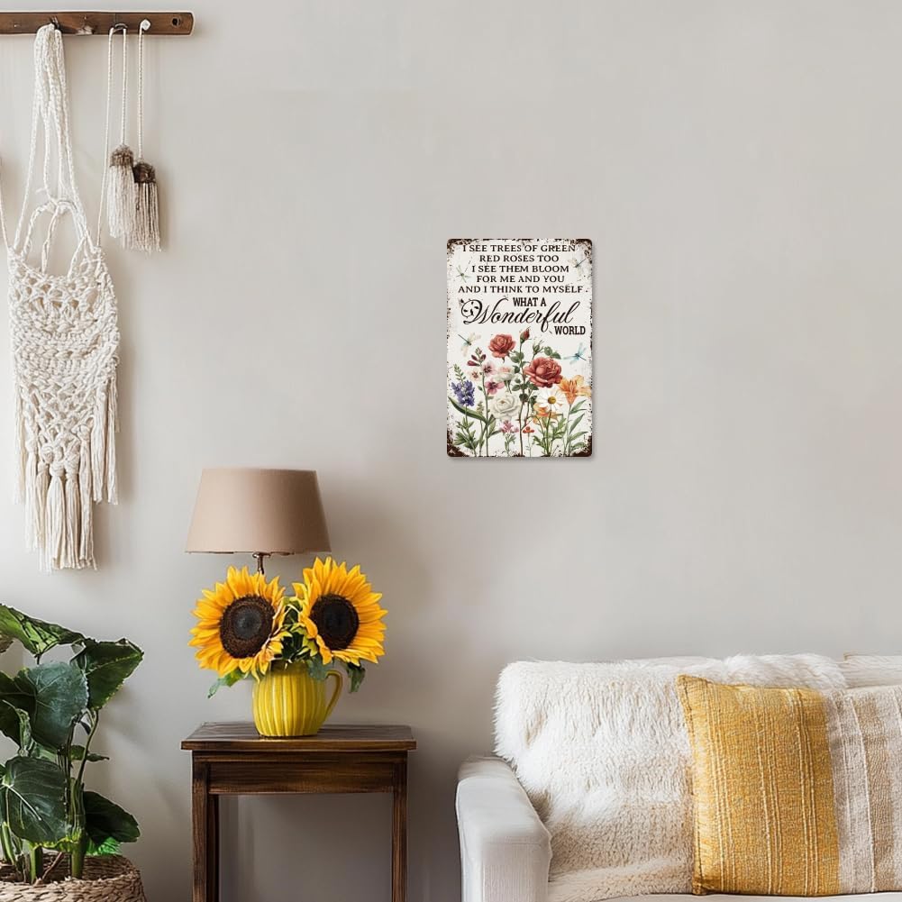 Vintage Flower Wall Decor Sign, What a Wonderful World Inspirational Quote Floral Wall Art, Metal Tin Poster for Home Bedroom Kitchen Cafe Bar Wall Decor Gift 8 x 12 Inch