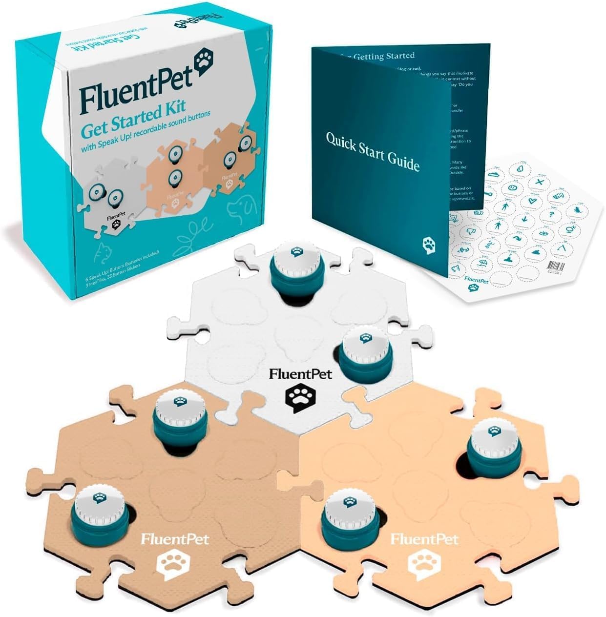 FluentPet Tester Kit - Set of 2 Dog Talking Buttons & HexTiles - Customizable Cat & Dog Training Buttons for Communication - Batteries Included - Pet Buttons Gift Set