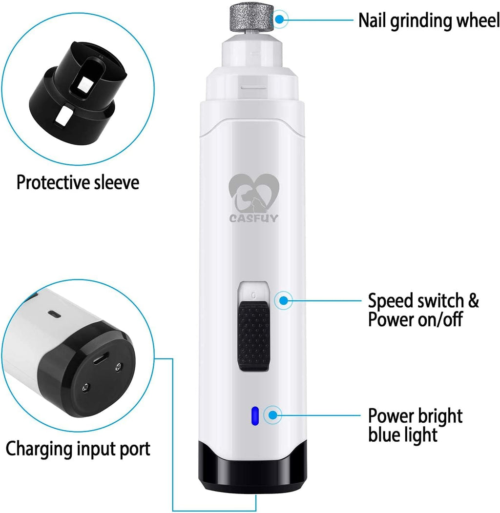 Casfuy Dog Nail Grinder Upgraded - Professional 2-Speed Whisper-Quiet Electric Pet Nail Trimmer Painless Paws Grooming & Smoothing for Small Medium Large Dogs & Cats (White)