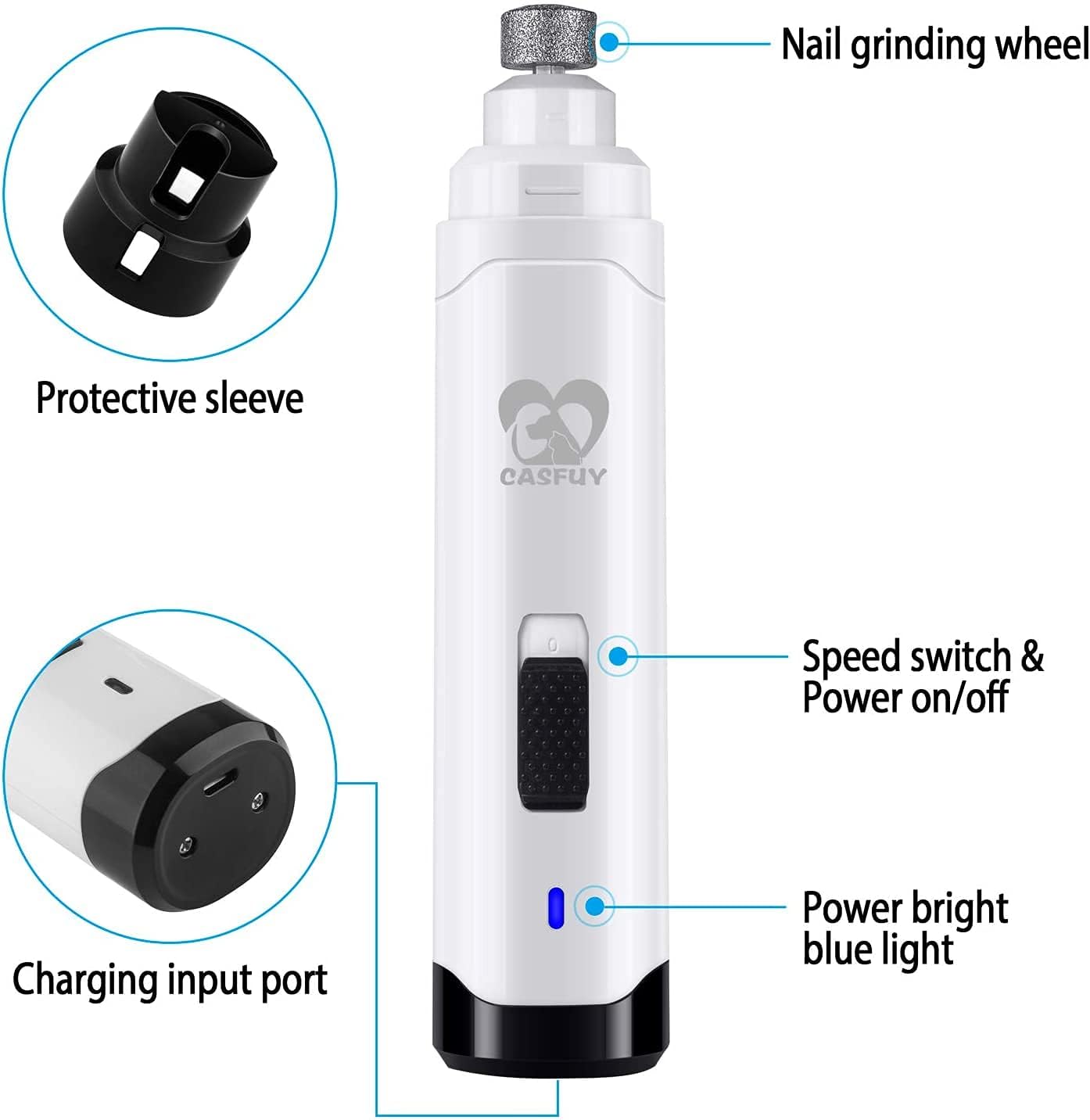 Casfuy Dog Nail Grinder Upgraded - Professional 2-Speed Whisper-Quiet Electric Pet Nail Trimmer Painless Paws Grooming & Smoothing for Small Medium Large Dogs & Cats (White)