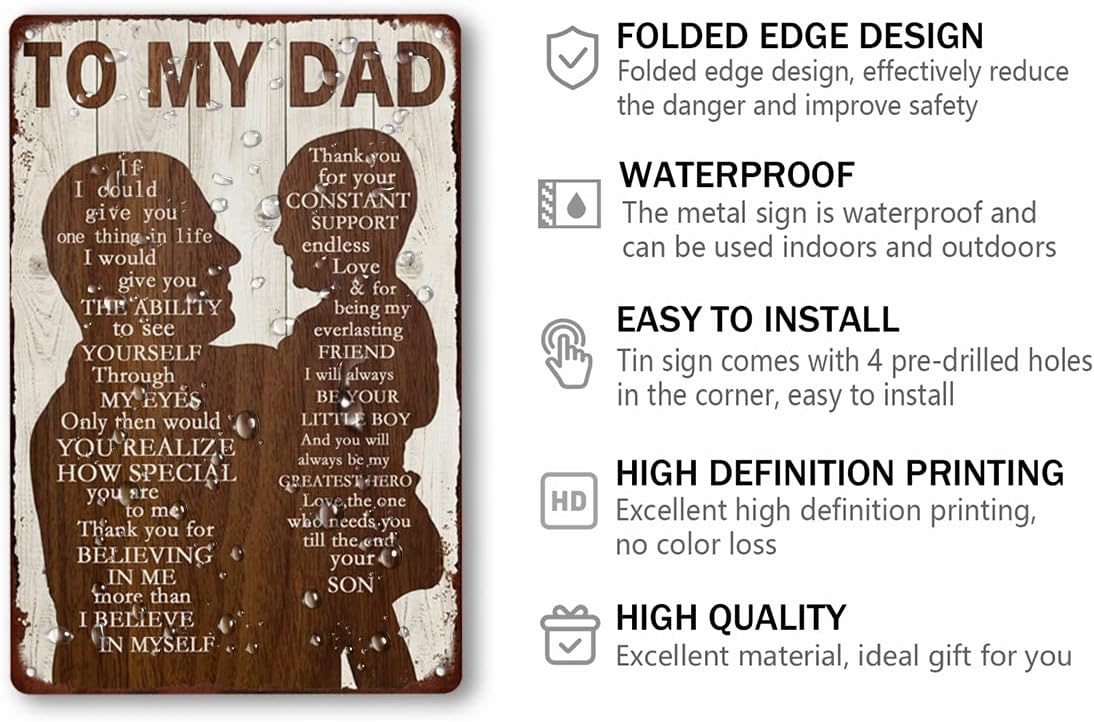 To My Dad Metal Sign Father's Day Tin Sign Vintage Home Wall Decor Signs Birthday Gift For Dad From Son For Man Cave 8x12 Inch