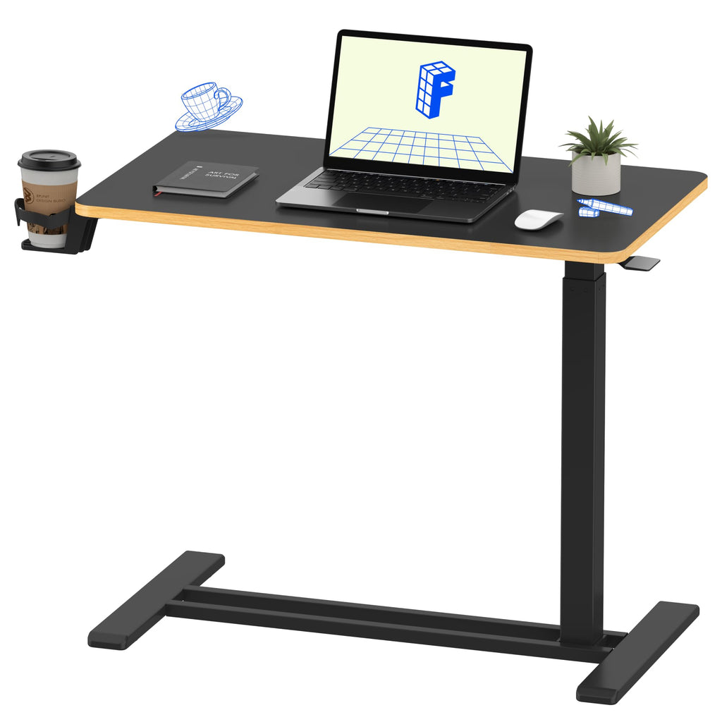 FLEXISPOT H7 Adjustable Overbed Bedside Table with Wheels Pneumatic Mobile Standing Laptop Desk Rolling Computer Cart Movable Overbed Table Hospital Home Use (31.5" W x 17.7" D, White Maple Large)