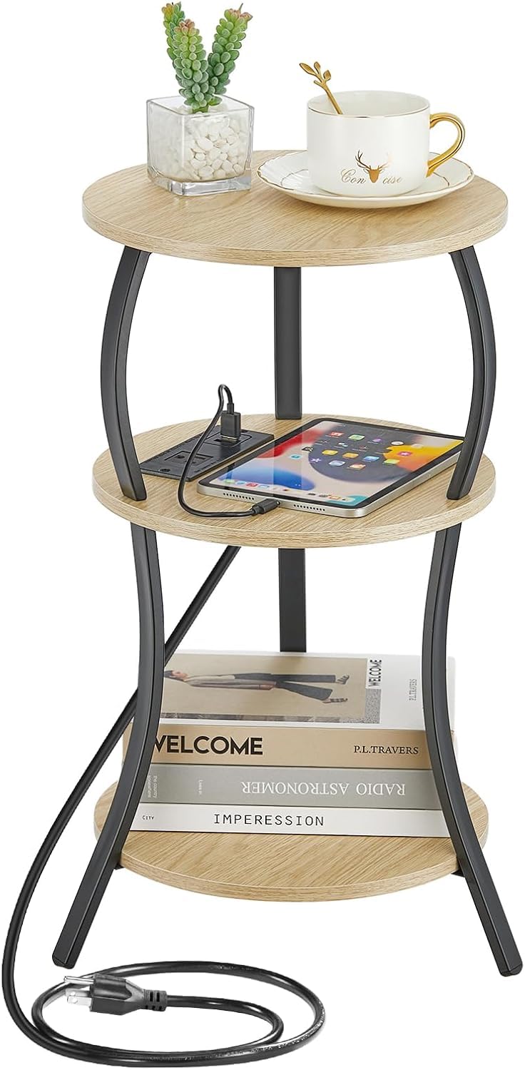 Vintage Small Round Side Table, 3-Tier Slim Waist Circular End Table with Storage Shelf, Compact Tea Sofa Table, Round Corner Coffee Table Nightstand for Living Room Bedroom Small Spaces,Rustic Brown